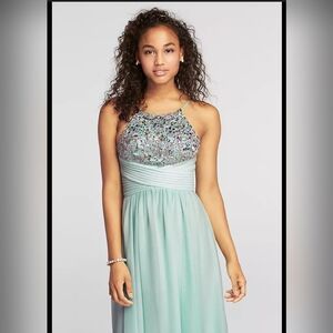 Sequin Hearts Mint Floor Length Prom Dress w/Crystal Beading, Size 5